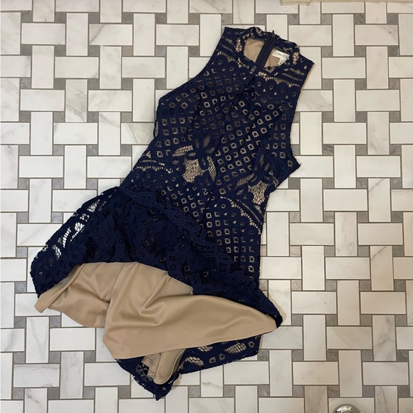 Love Fire Navy Blue and Tan Lace Overlay Fit and Flare Dress - Picture 4 of 4